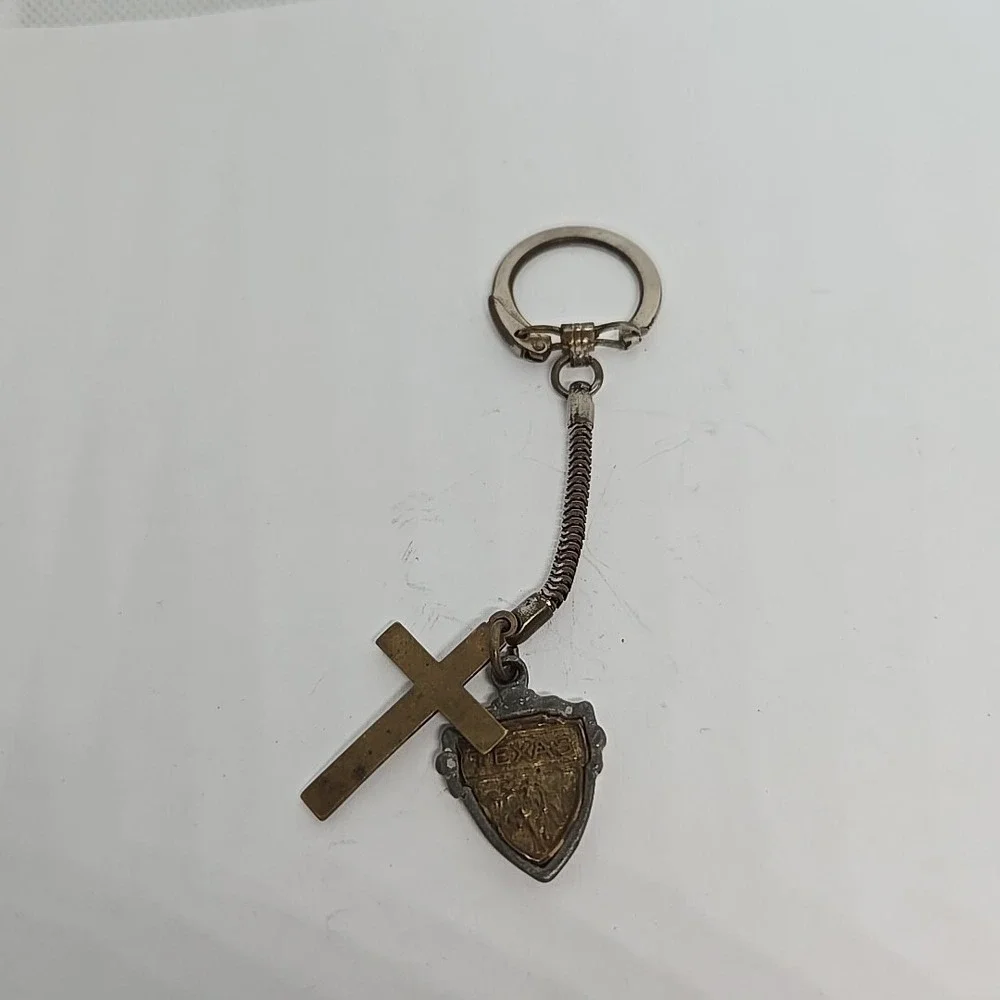 Vintage Texas Keychain With Cross Shield Charm Snake Chain Silver Gold Tone
